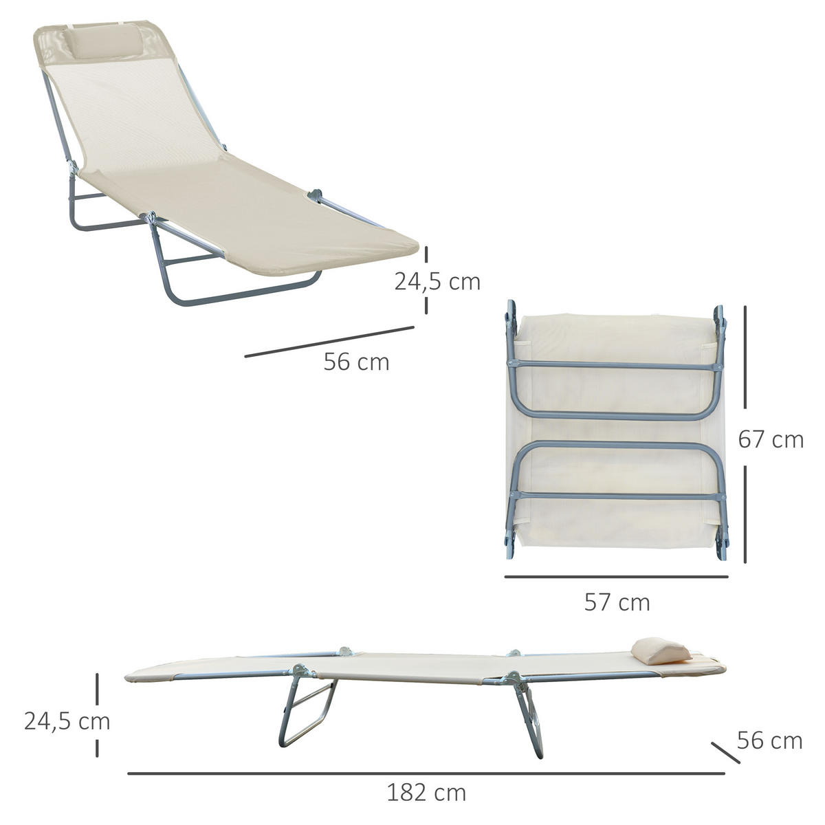 GARTENLIEGE mit Kopfkissen, Creme - Creme, Kunststoff/Metall (56/24.5/182cm) - Outsunny