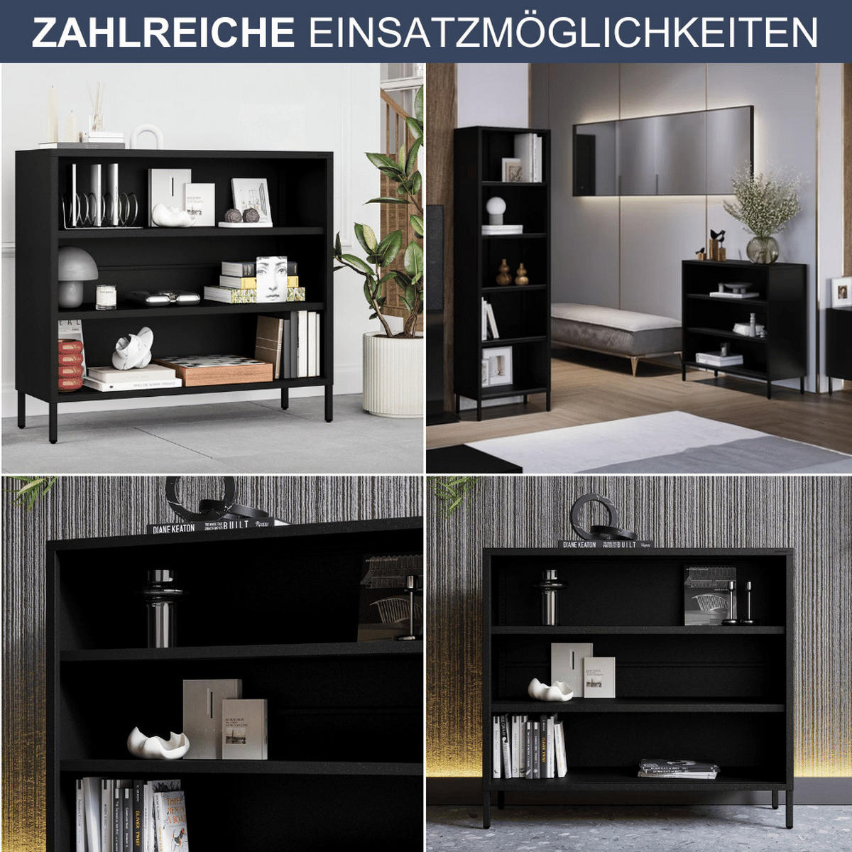 KOMMODE Metall offen LUCA 4 Ebenen 90x100x35cm Schwarz - Schwarz, Metall (100/90/35cm) - Jan Nowak