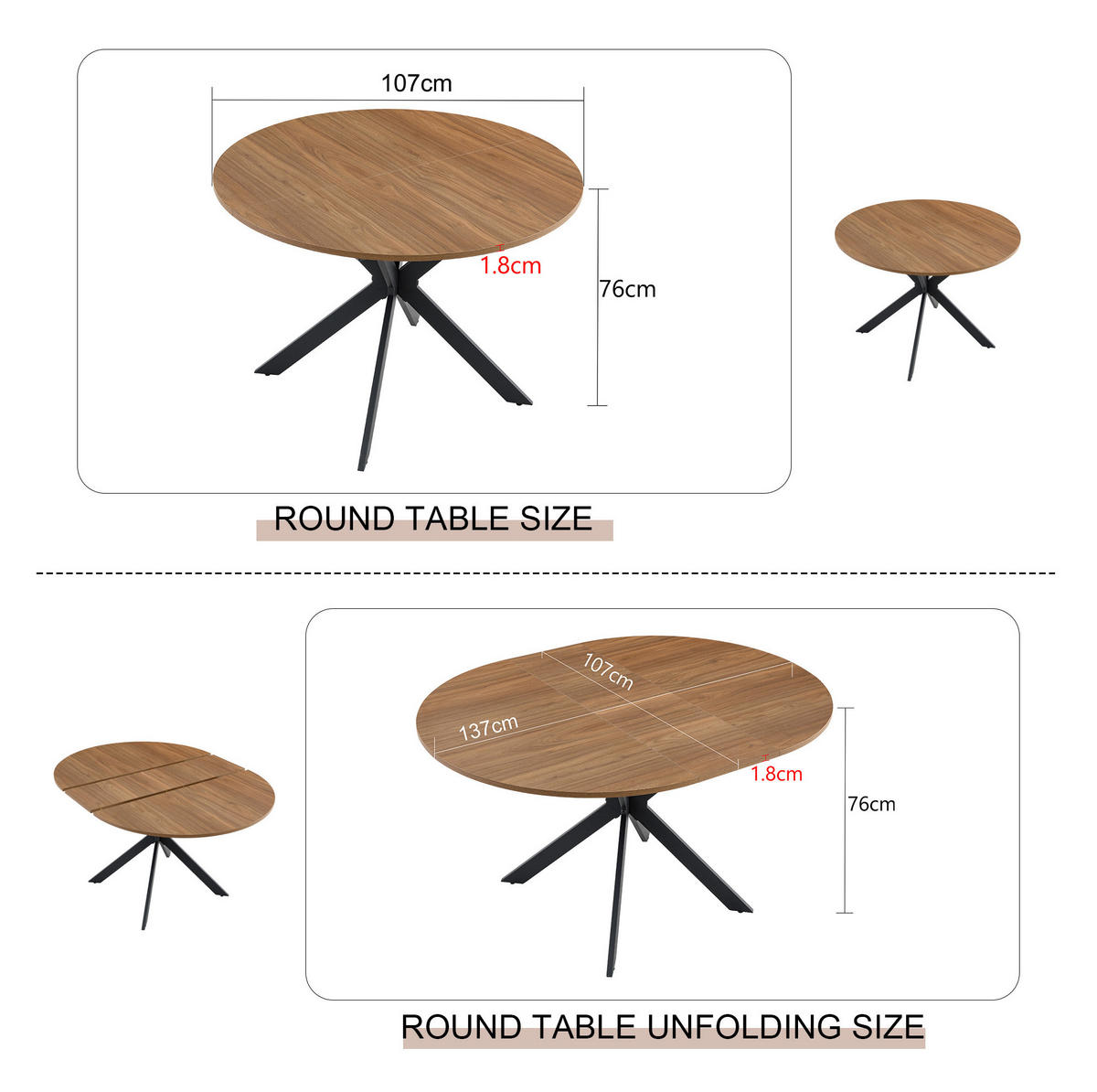 ESSTISCH 137/107/76 cm Schwarz/Walnuss aus MDF und Metall mit Ausziehfunktion - Walnussfarben, Metall (137/137/76cm) - OKMYHOME