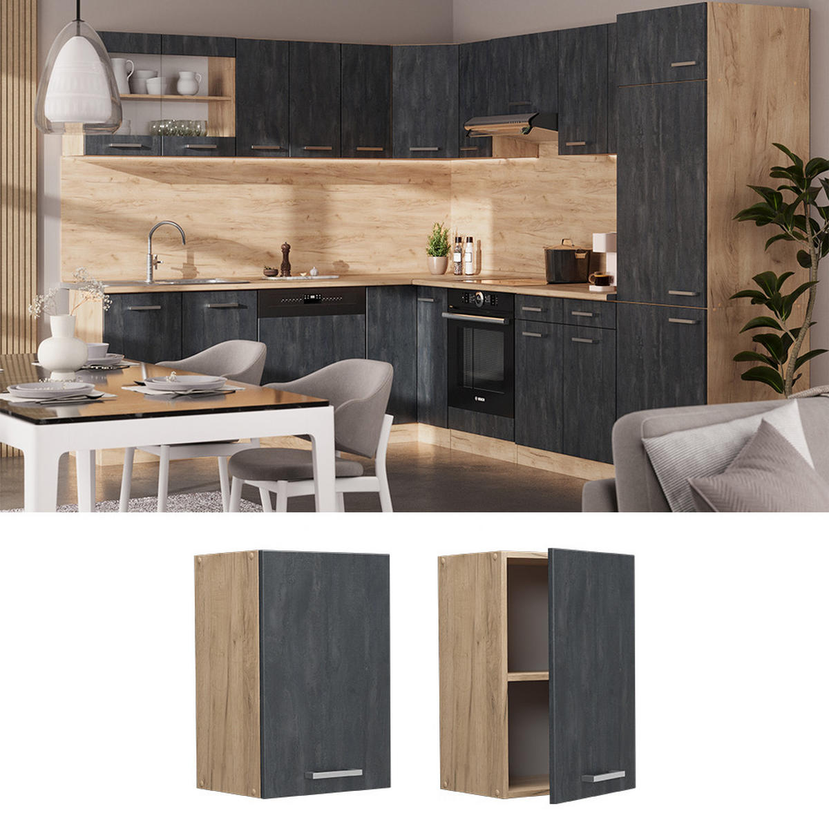 HÄNGESCHRANK R-Line Schwarz Beton 40 cm - Honigeiche/Eiche Wotan, Holzwerkstoff (40/60/31cm) - Vicco