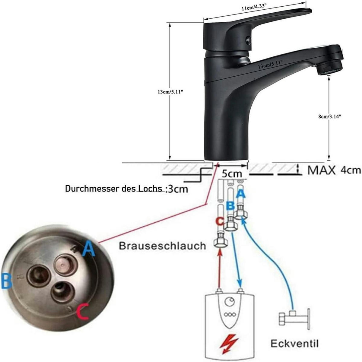 WASCHTISCHARMATUR Niederdruck Schwarz Messing mit Wassersparfunktion - Schwarz, Metall (19/7/25cm)