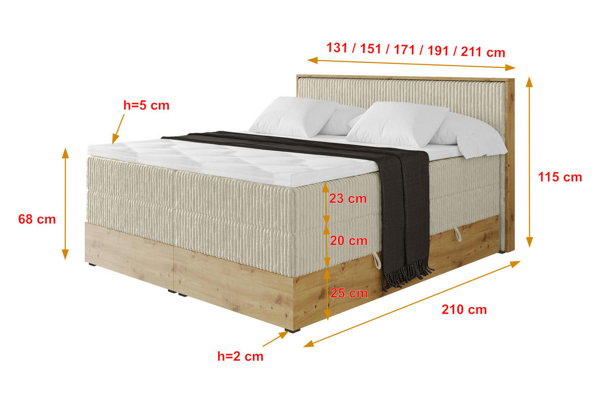 BOXSPRINGBETT LOLLI9 -KING 200x200 - H3/H4 Creme - Beige, Holzwerkstoff (200/200cm) - ALTDECOR