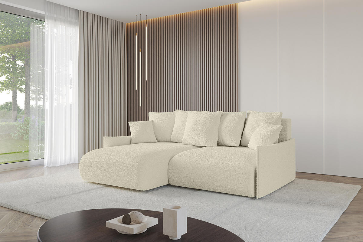 ECKSOFA mit Schlaffunktion und Bettkasten ONESK-L -v1 208x165x40 Beige Bouclé - Beige, Holzwerkstoff/Kunststoff (208/165cm) - ALTDECOR