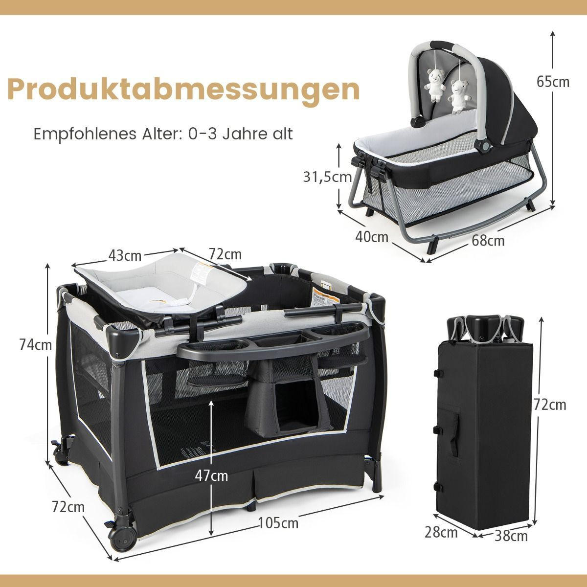 REISEBETT mit Matratze grau - Grau, Textil - COSTWAY