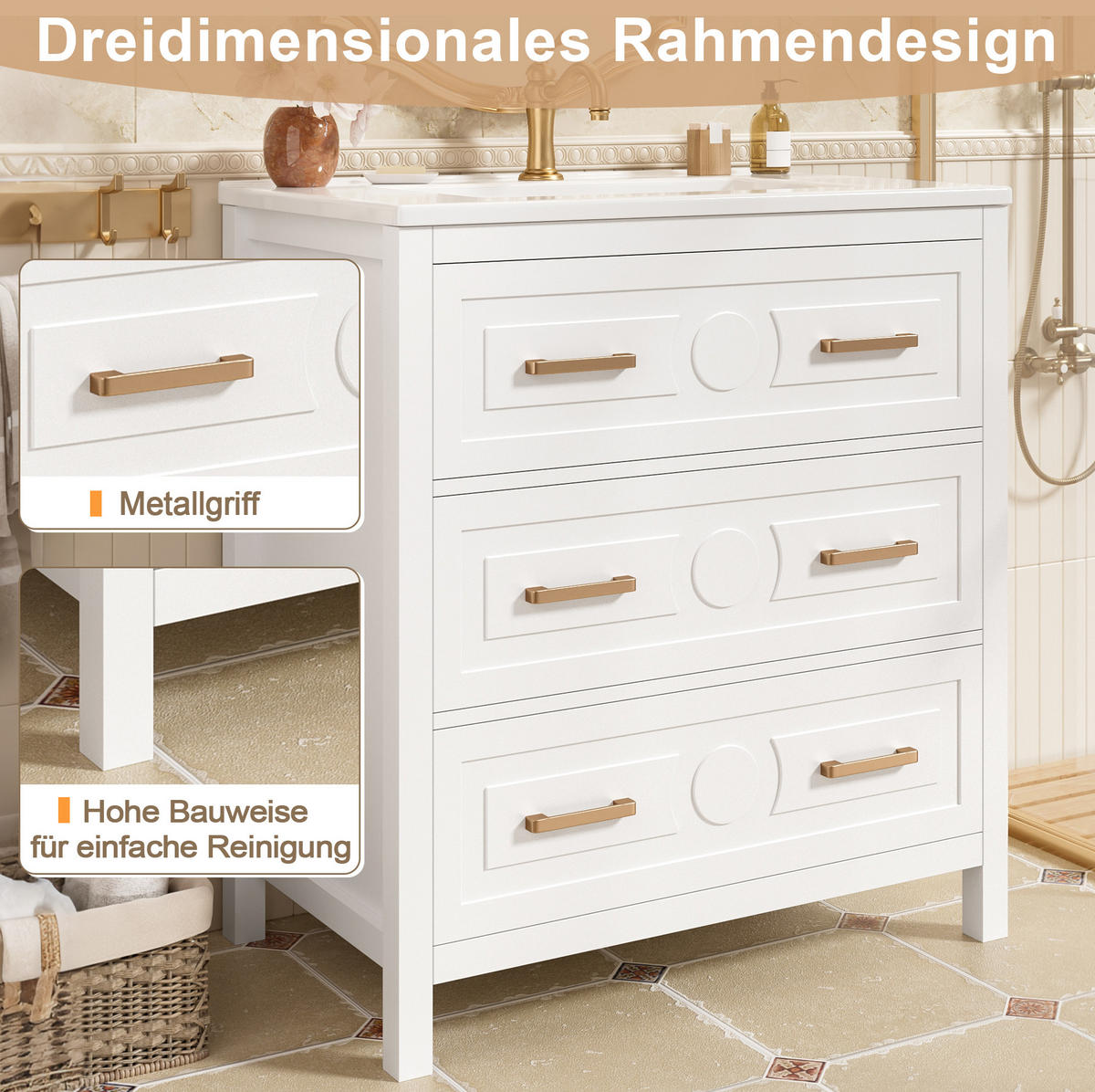 WASCHTISCH MDF/Keramik 76,5x47x82 cm Weiß mit 3 Schubladen und integriertem Keramikbecken - Weiß, Keramik (76.5/82/47cm) - Modfu