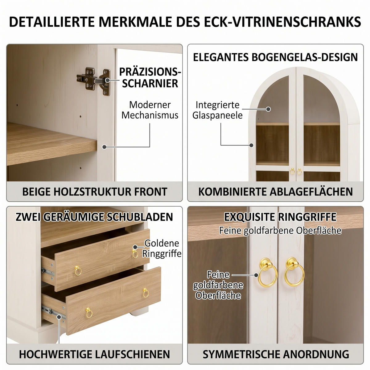 HIGHBOARD Weiß mit Glastüren & Schubladen, Bogen-Design 180cm - Weiß, Holzwerkstoff (76.2/180/40.1cm) - Urban Meuble
