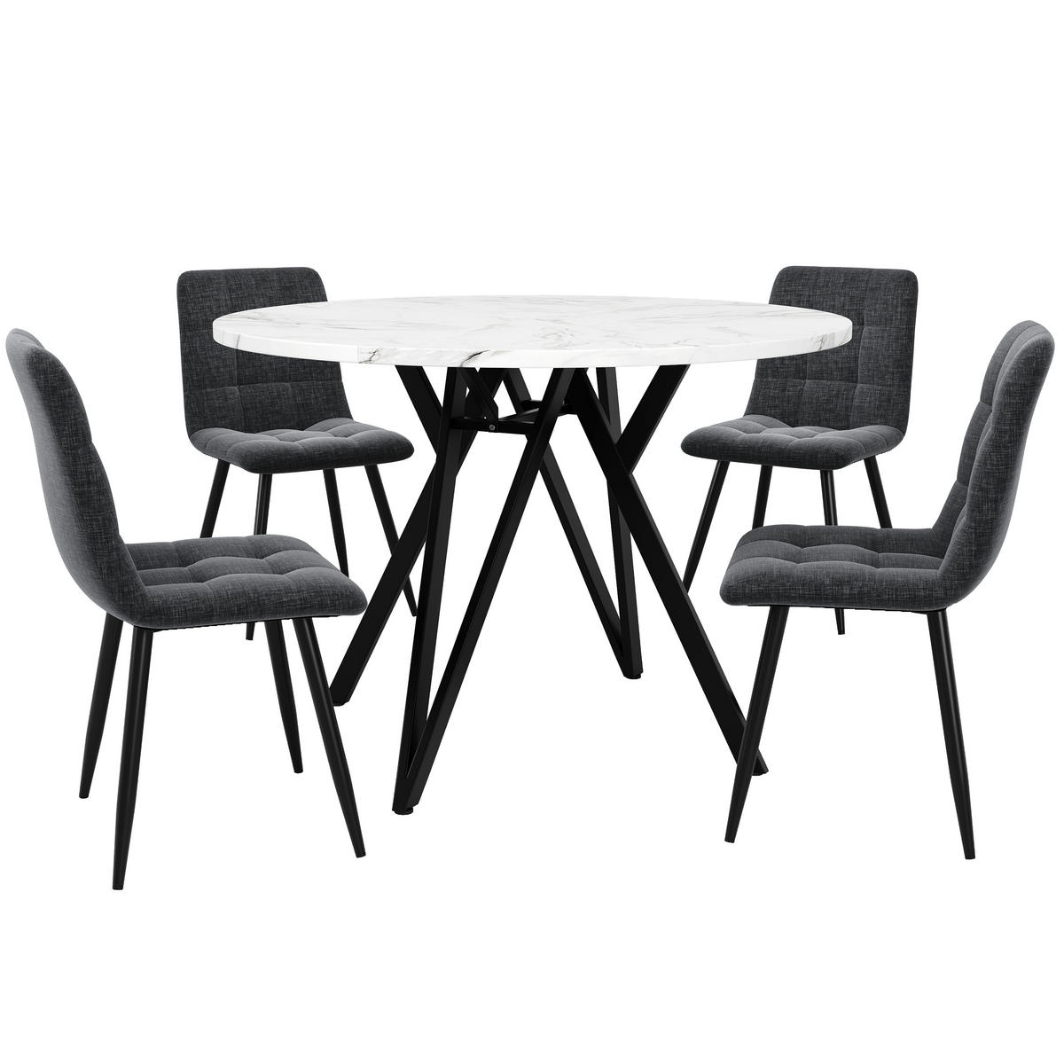 ESSTISCHSET 5-Teilig Rund 100 Cm, MDF Marmor, 4 Graue Leinenstühle, Schwarz - Schwarz, Naturmaterialen (68/14.5/97.51cm) - FLIEKS