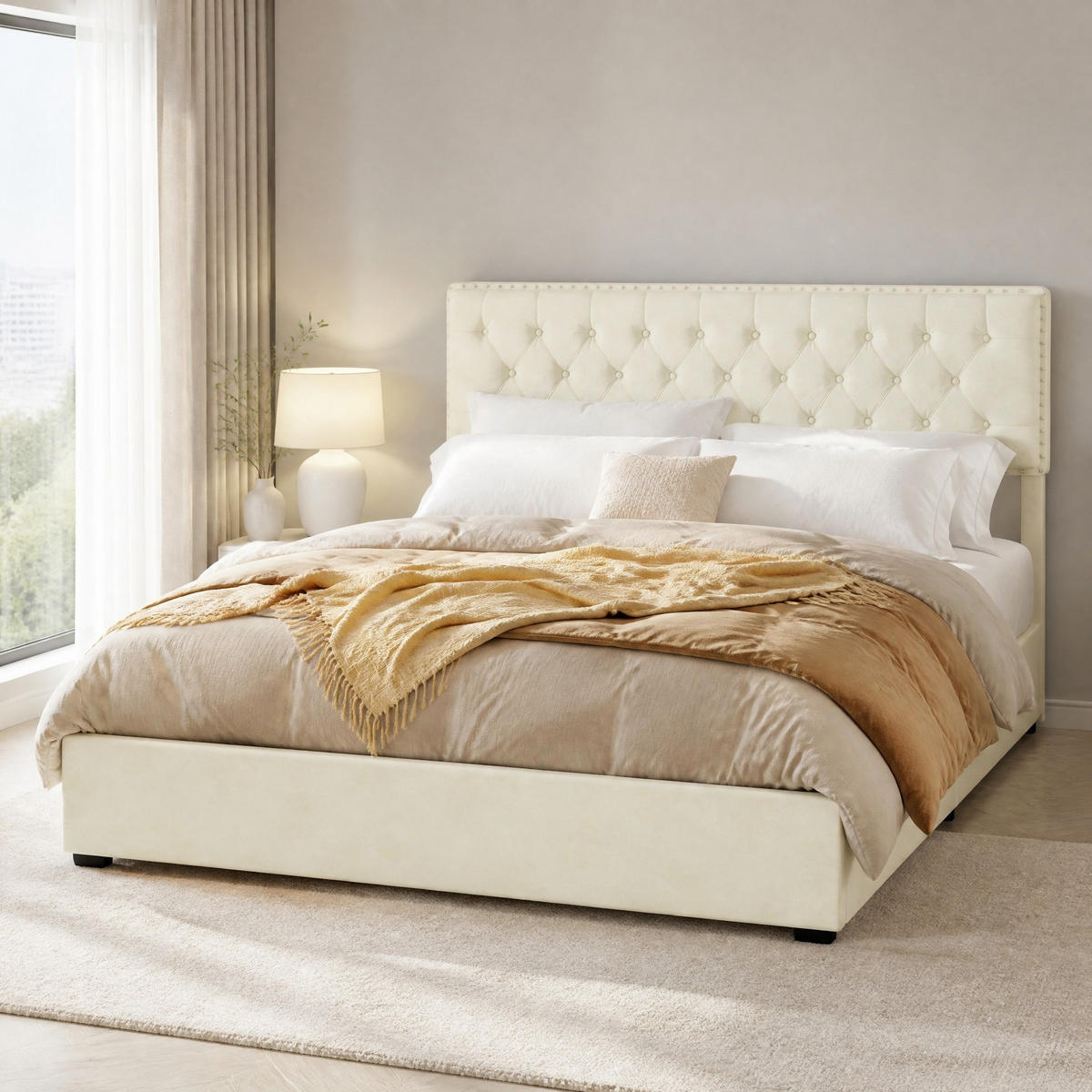 POLSTERBETT 160/200 mit Bettkasten, Hydraulikfunktion, Veloursbezug und weichem Kopfteil in Beige - Beige, Holzwerkstoff/Textil (160/200cm) - EVRYAE