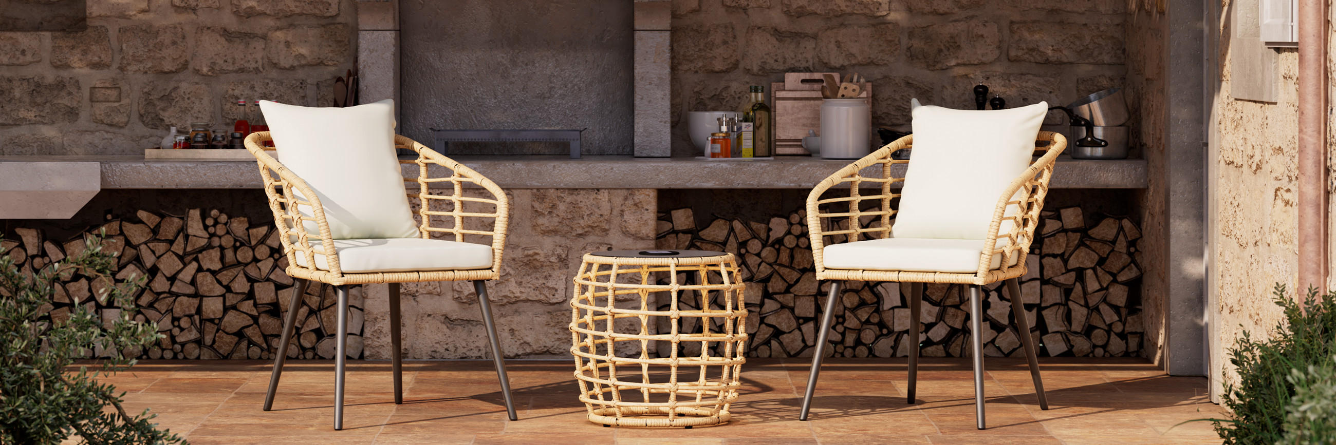 Balkonmöbel aus Rattan und Holz