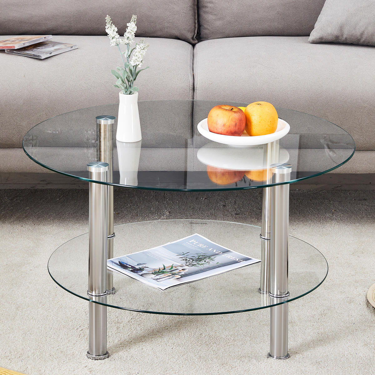 COUCHTISCH in Silver zweistufiger Glascouchtisch mit leichtem Luxusdesign für Wohnzimmer, B70/T70/H42 cm - Transparent/Silberfarben, Glas/Holzwerkstoff (70/70/42cm) - STILVORA