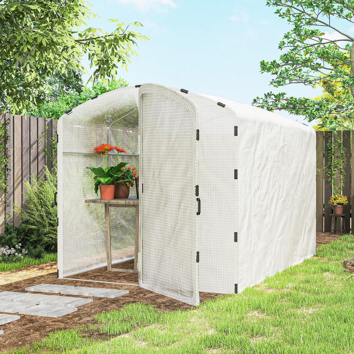 GEWÄCHSHAUS DE-12060 mit verstärkter 220 g/m² PE-Bache Weiß - Weiß, Metall (200/195/300cm) - ComfortXL