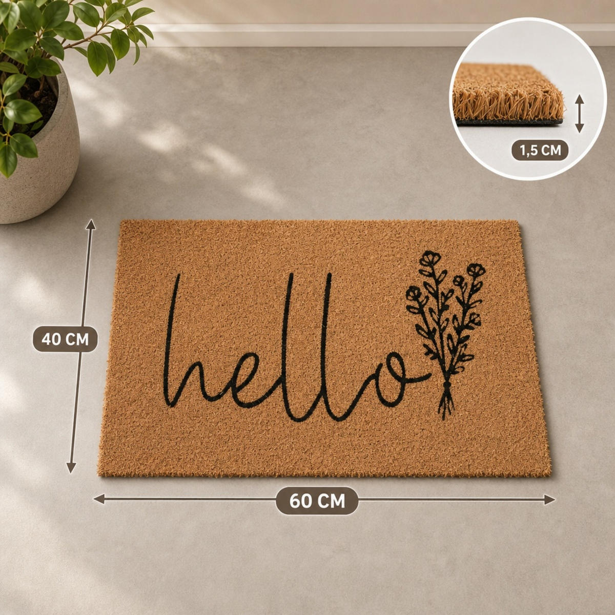 ROHOŽKA Přírodní Černá nápis Hello 60x40 cm - různobarevná, textil/plast (60/40cm) - Relaxdays