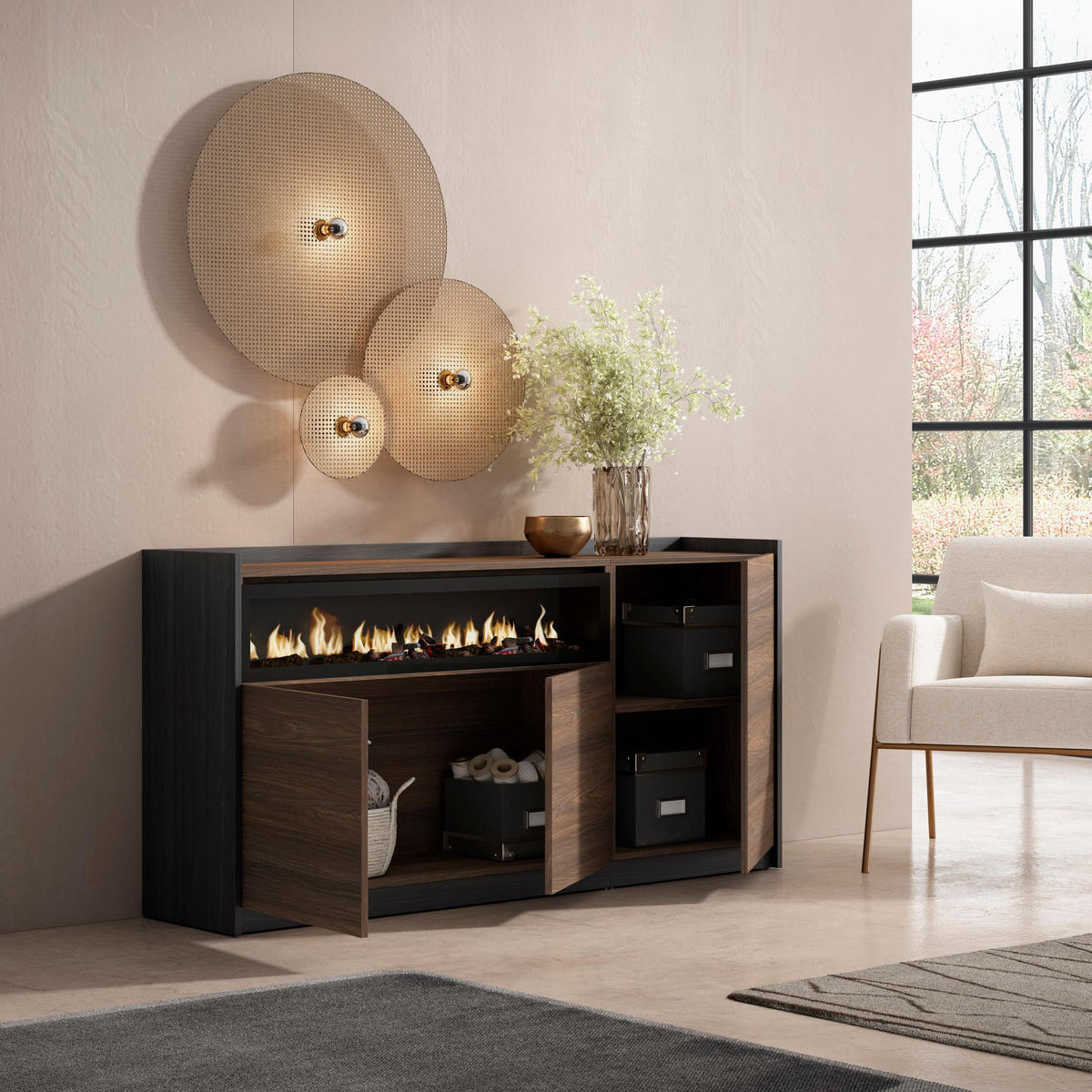 SIDEBOARD, Dunkler Eiche und Schwarz, Elektrokamin, 156/37/80cm - Dunkelbraun, Holzwerkstoff (156/80/37cm) - Skraut Home