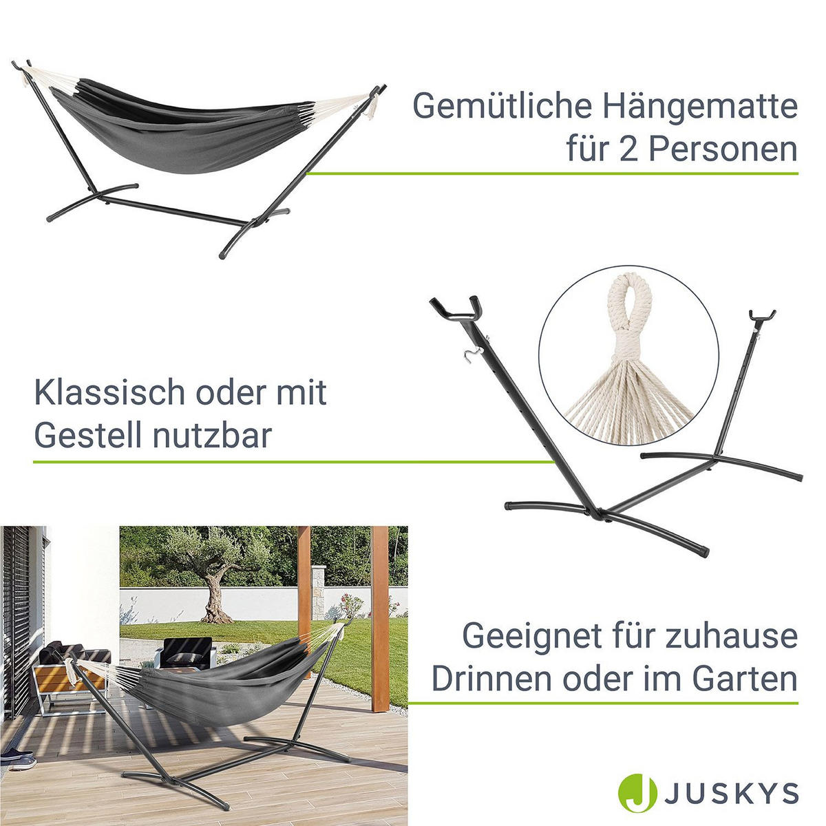 HÄNGEMATTE Paya anthrazit 281x107x96 cm - Grau, Textil/Metall (109/101/279cm) - Juskys