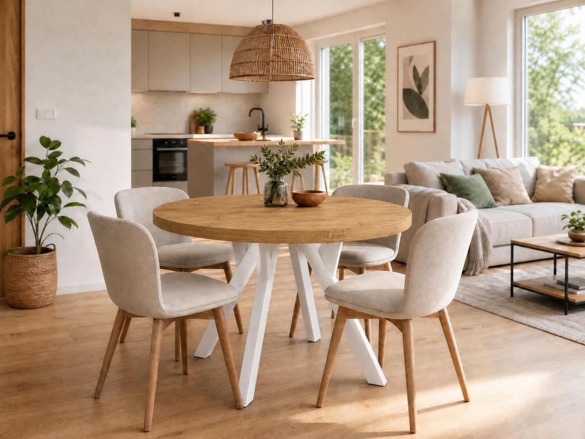 ESSTISCH ausziehbar rund ATO, 100-200 cm, Dekor Lancelot, weiße Holzbeine - Weiß/Braun, Holzwerkstoff/Buchenholz (100/100/77cm) - VENASI MÖBEL