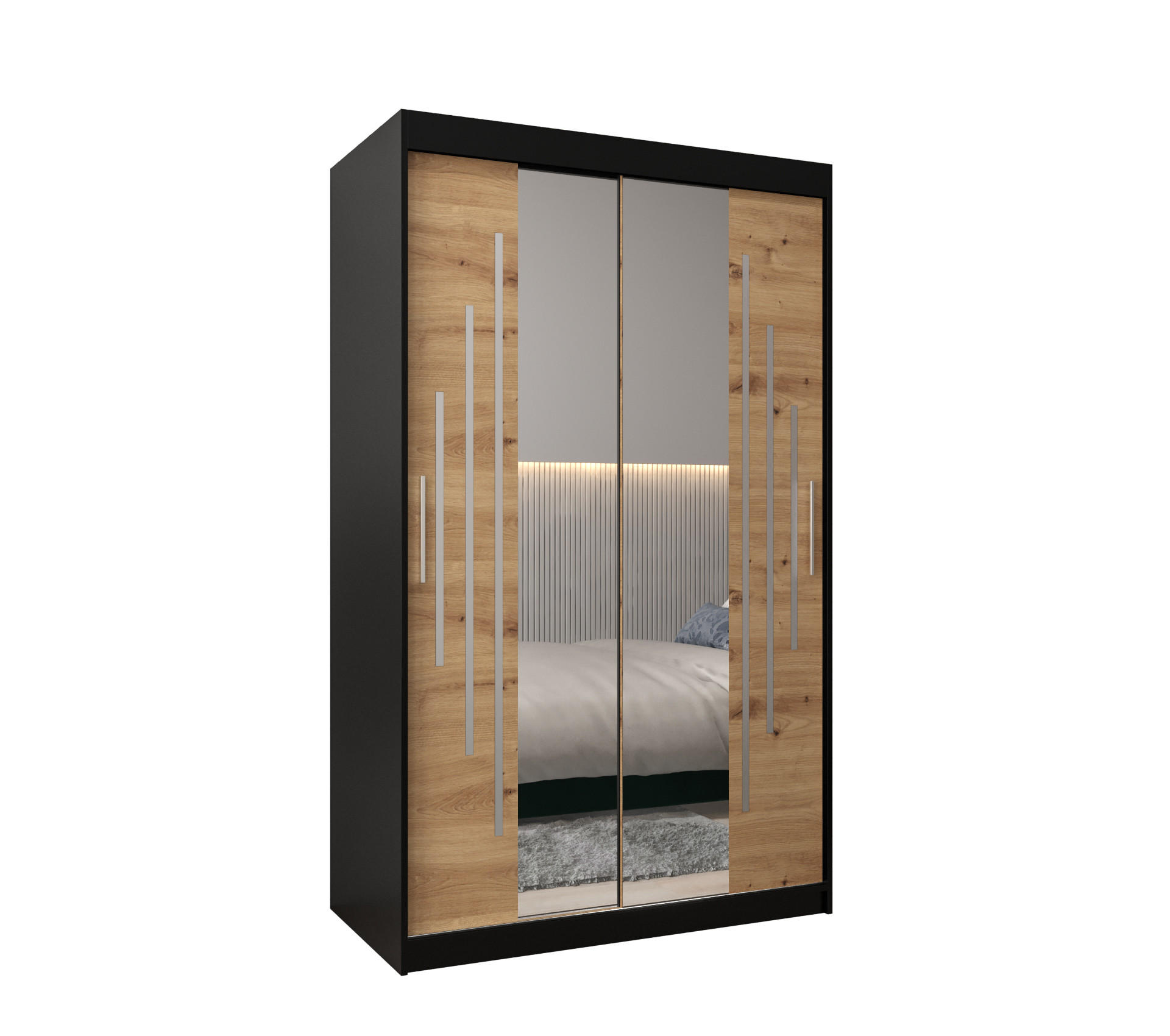 Abiks Möbel Schwebetürenschrank Schwarz, Eiche Artisan 120x200x62 cm