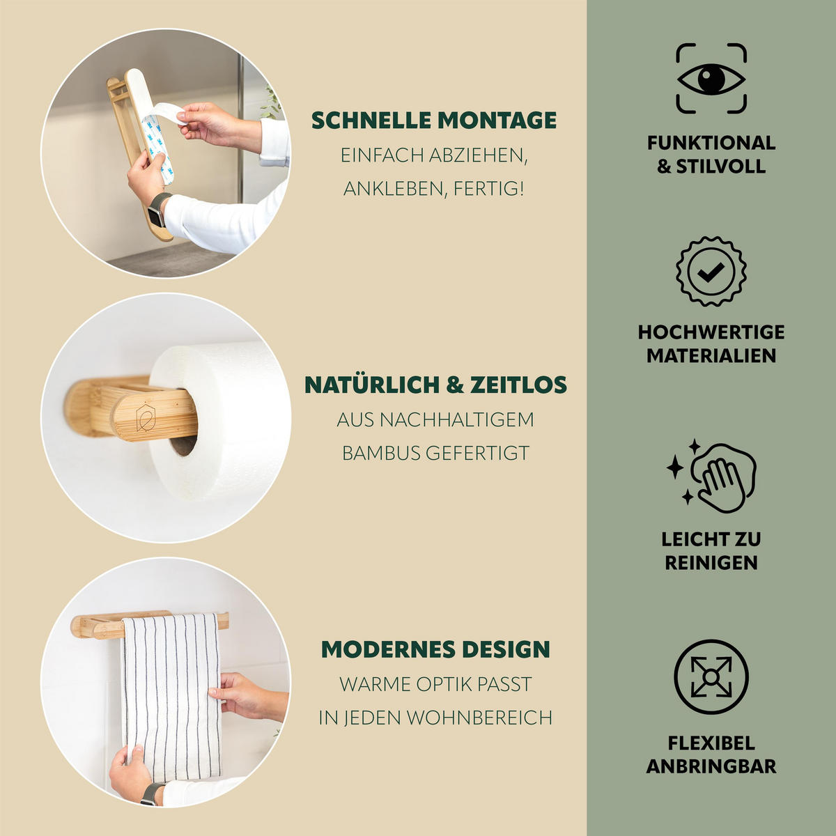 WAND-KÜCHENROLLENHALTER, Bambus - Braun, Holz (34.5/3/8cm) - eluno