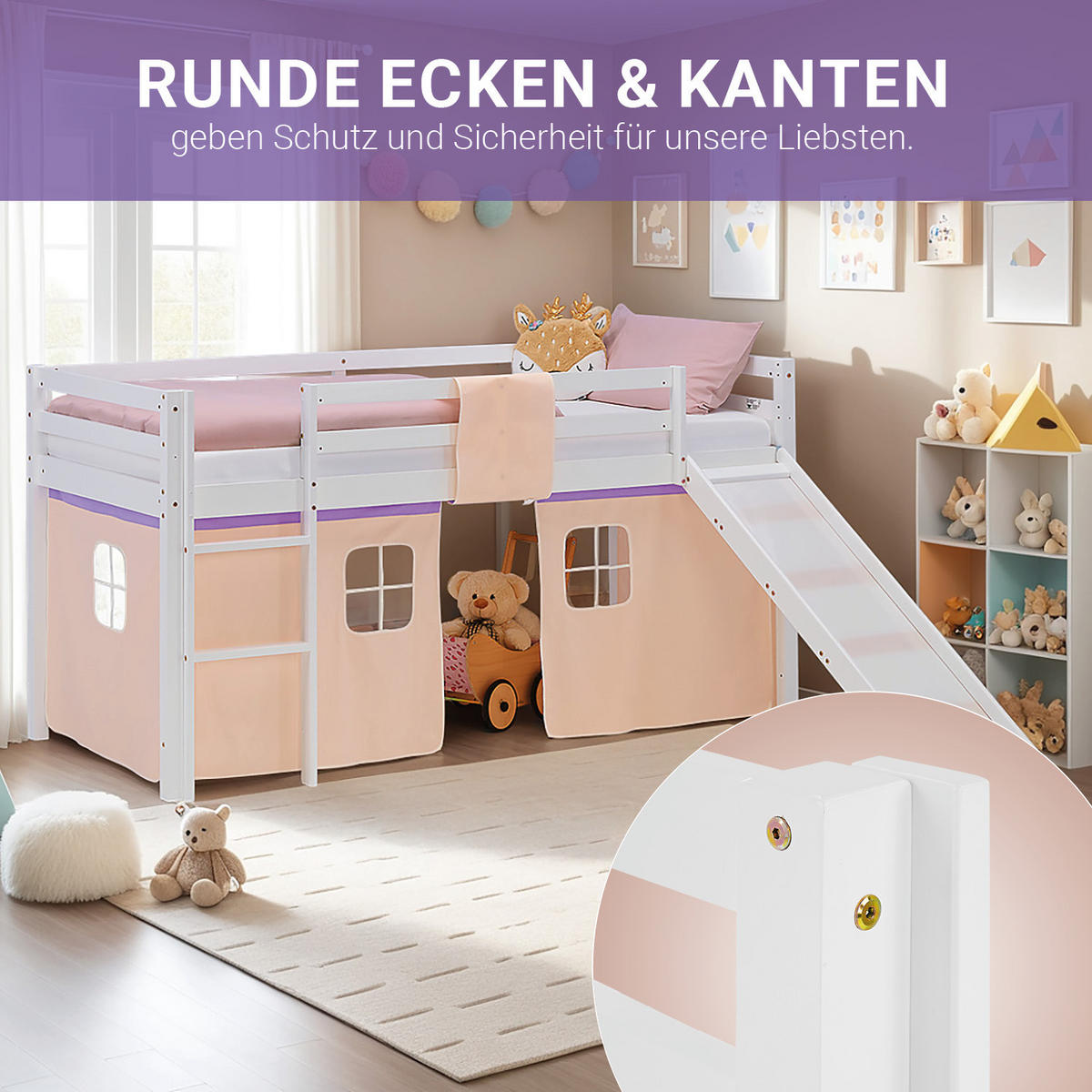 HOCHBETT 90/200 cm in weiß Rutsche Bettvorhang peach - Lila/Weiß, Holz/Textil (90/200cm) - Homestyle4u