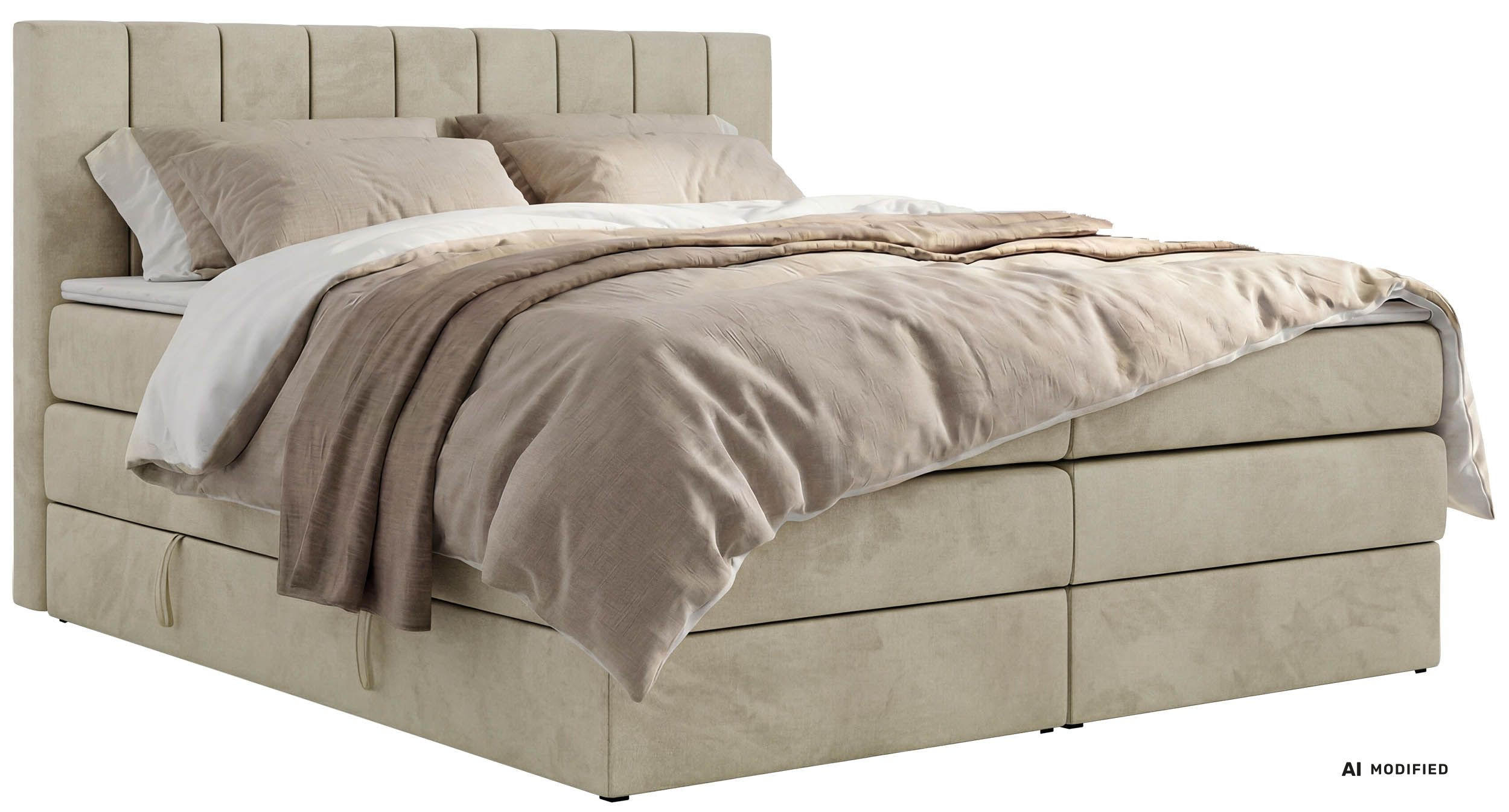 BOXSPRINGBETT ALVER KING 160/200 - Beige Velvet - Topper T25 - H3 - Beige, Textil (160/200cm) - MKS