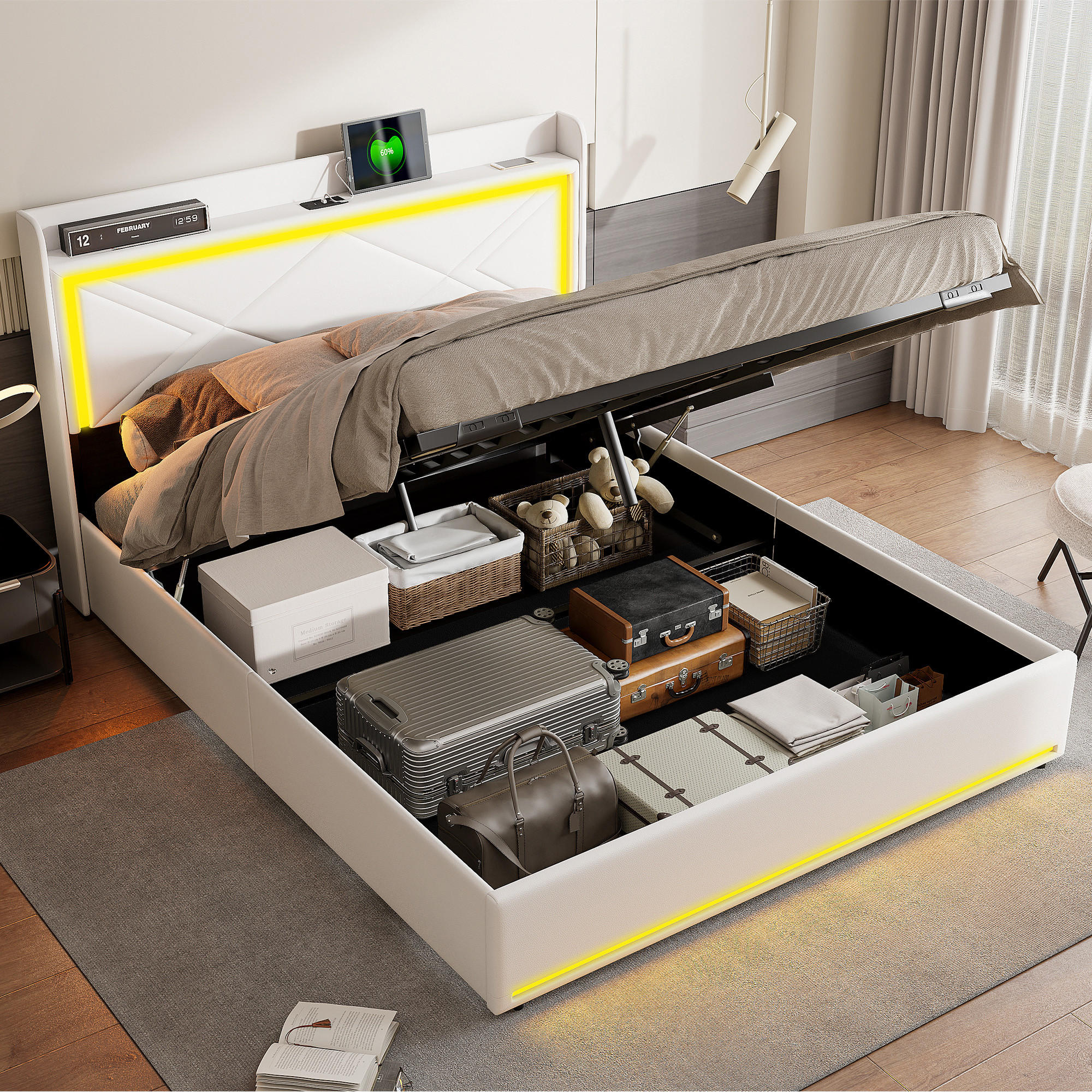 POLSTERBETT 160x200 cm, Weiß, mit LED & USB - Weiß, Textil/Metall (160/200cm)