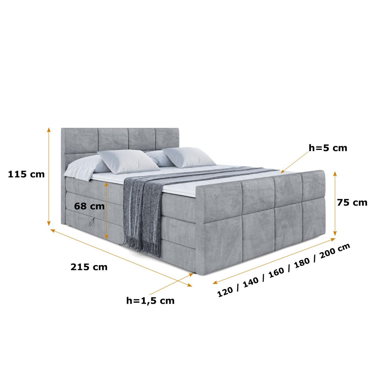 BOXSPRINGBETT ARDENI-Z KING - 140x200 - H3/H4 - Grau - Grau, Holzwerkstoff (140/200cm) - ALTDECOR