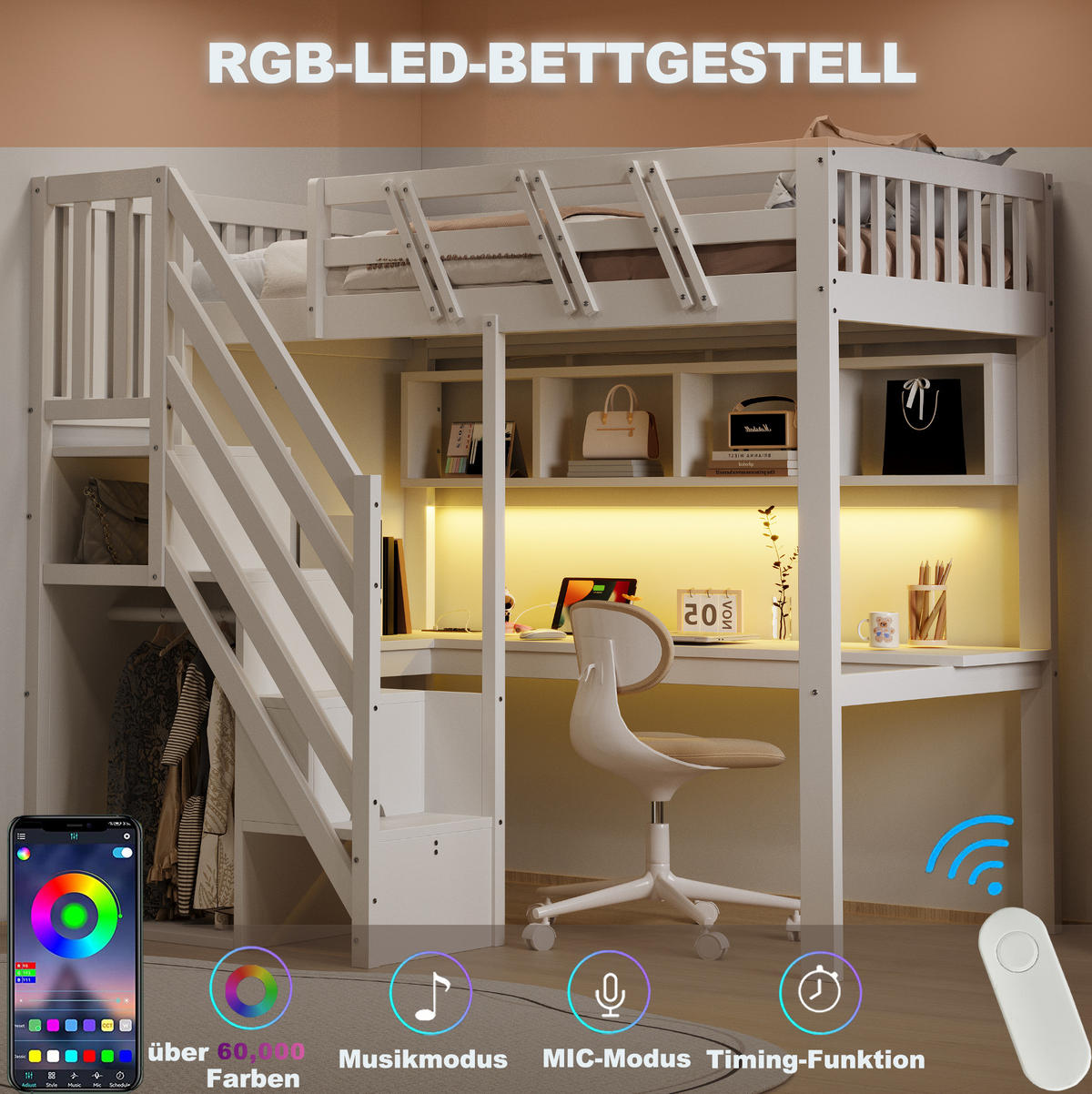 HOCHBETT 90/200 cm mit Schreibtisch, LED, Steckdosen und Aufbewahrungstreppe, Weiß - Weiß, Holzwerkstoff (90/200cm) - Redom