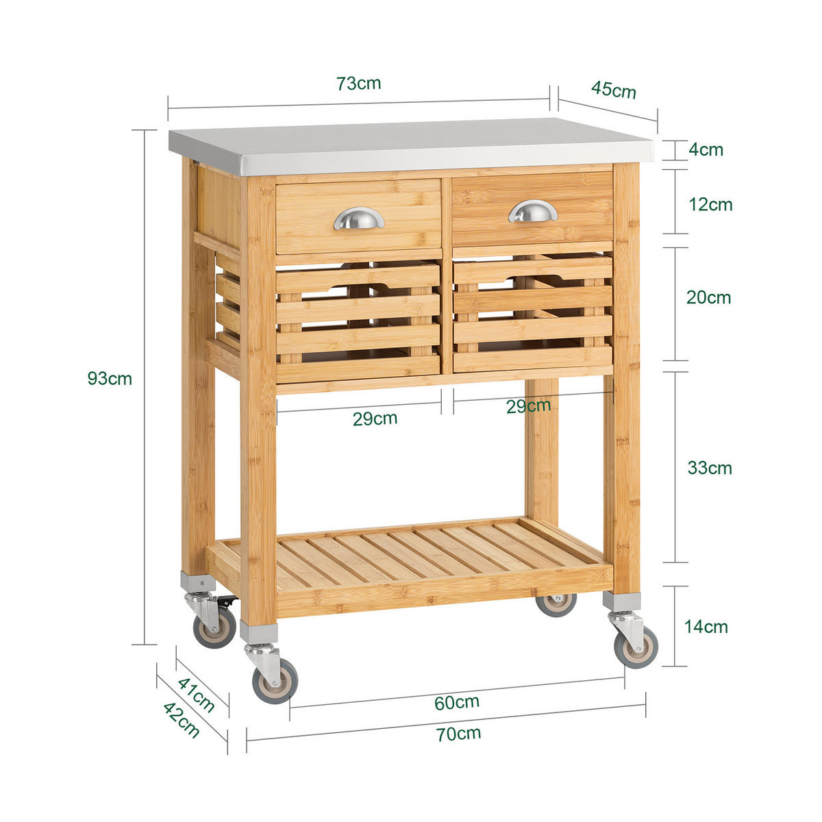 KÜCHENWAGEN Bambus Edelstahl - Naturfarben, Holzwerkstoff (73/93/46cm) - SoBuy