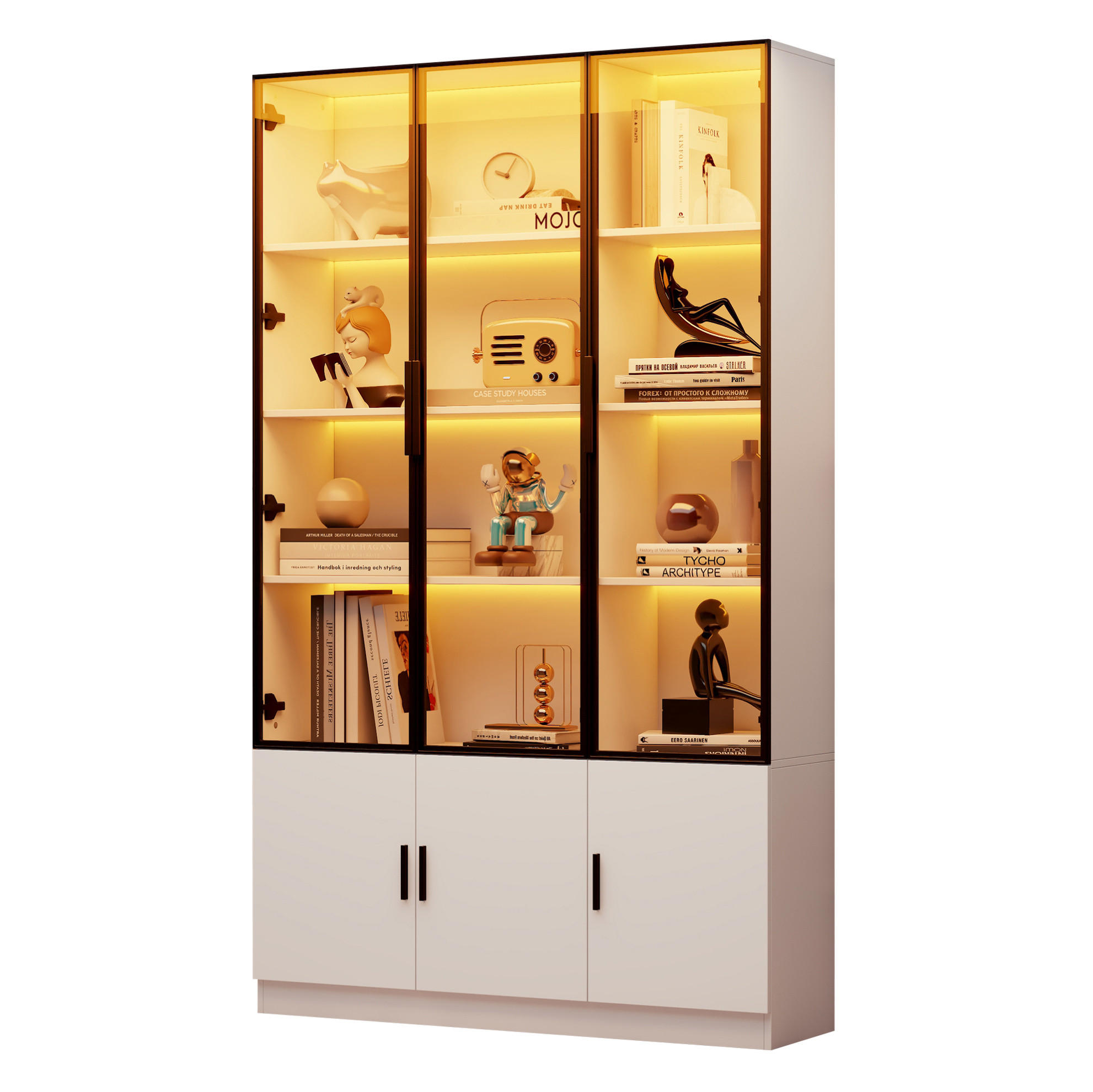 HOCHSCHRANK aus MDF 120x32x200cm in Weiß mit LED & Glastüren - Weiß, Holzwerkstoff (120/200/32cm) - Modfu