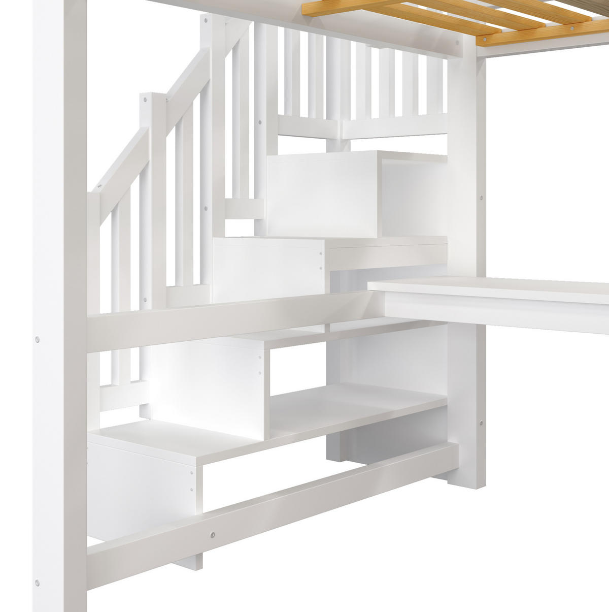 HOCHBETT aus MDF, Kiefer und Sperrholz 140x200 cm Weiß mit Schreibtisch, Regal, Kleiderschrank, Stauraumtreppe und LED-Beleuchtung - Weiß, Holzwerkstoff (140/200cm) - Modfu