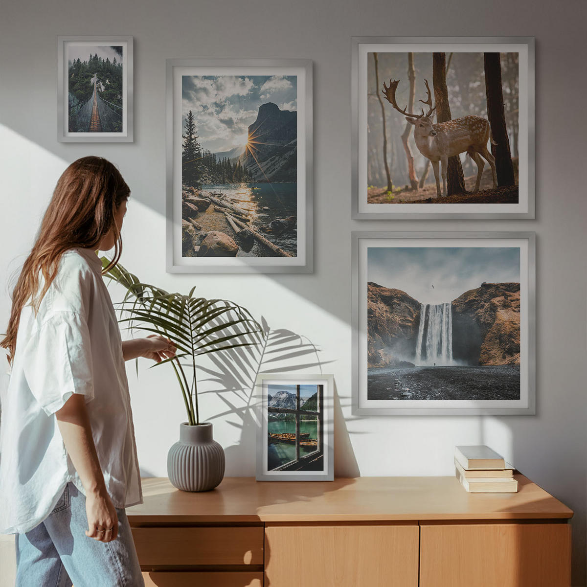 WANDBILDER 5er Set - 50x50 cm & 20x30 cm & 40x60 cm Silberner Rahmen - Blumenarrangements in Vasen - Silberfarben, Kunststoff (40/60cm) - ArtPrintCave