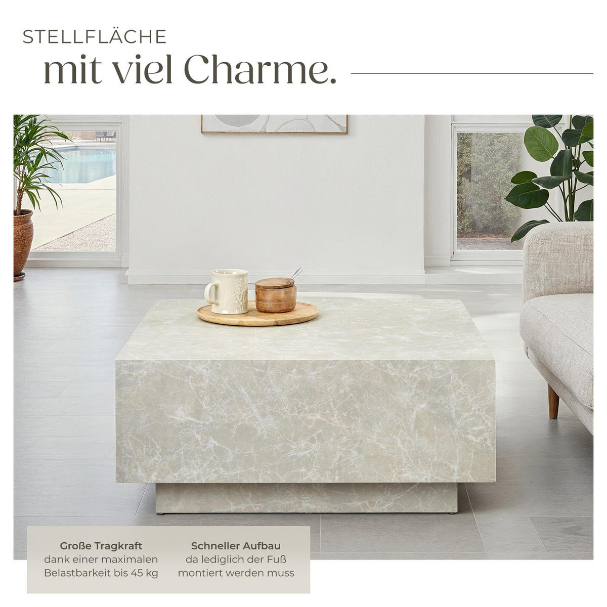 COUCHTISCH Lasley,inkl. Bodenschoner, Belastbarkeit 45 kg,Travertin Optik - Beige, Holz (80/80/35cm) - tectake