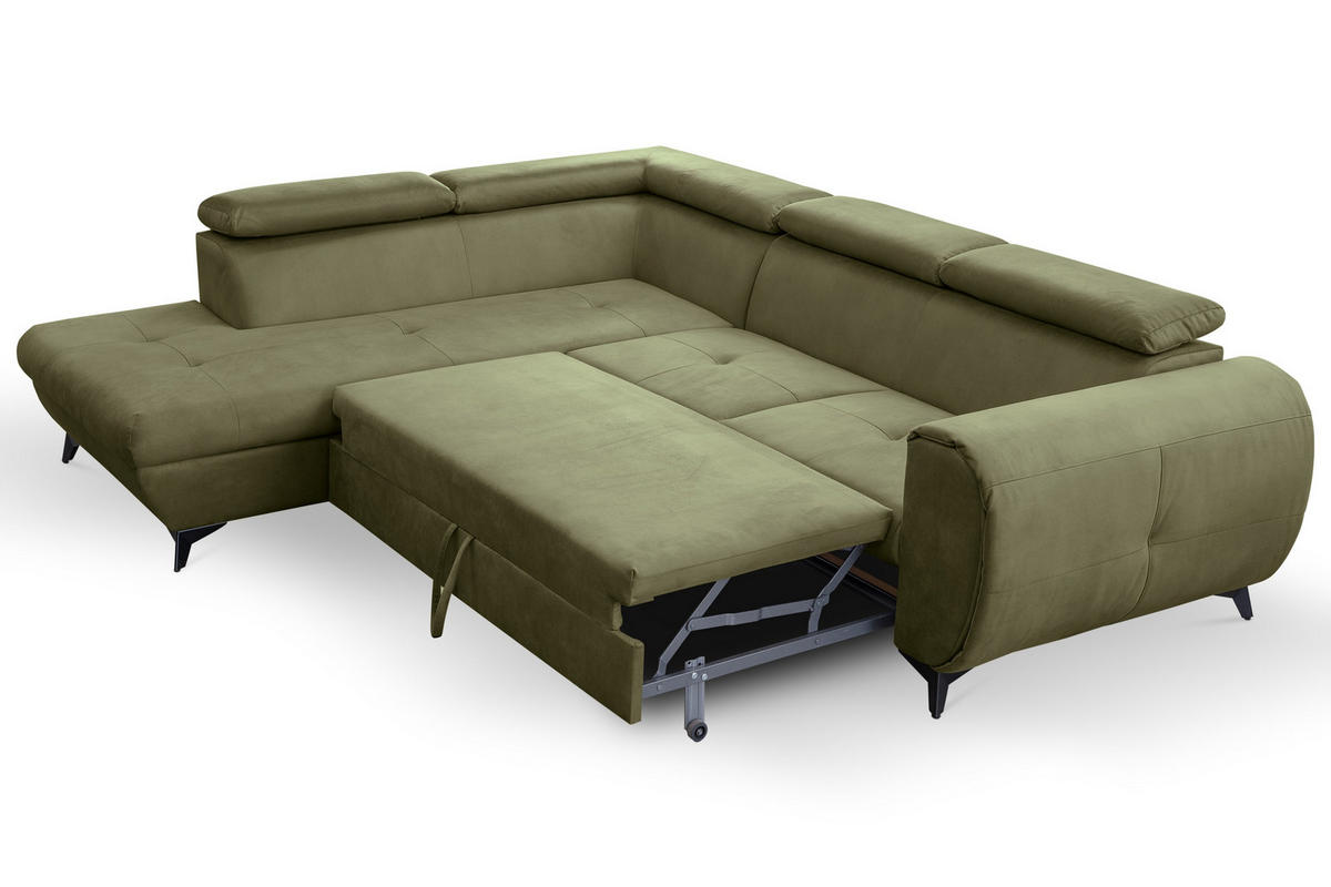 ECKSOFA MAGIA L-S Grün Plüsch-Stoff mit Schlaffunktion - Grün, Holz (260/217cm) - MASSENO