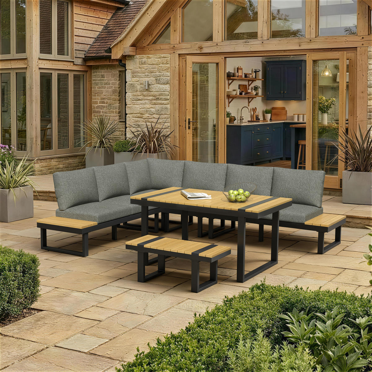 GARTEN-ESSGRUPPE, Eckstellung, Neigefunktion bis 55°, Grau/Schwarz - Multicolor, Textil - FLIEKS