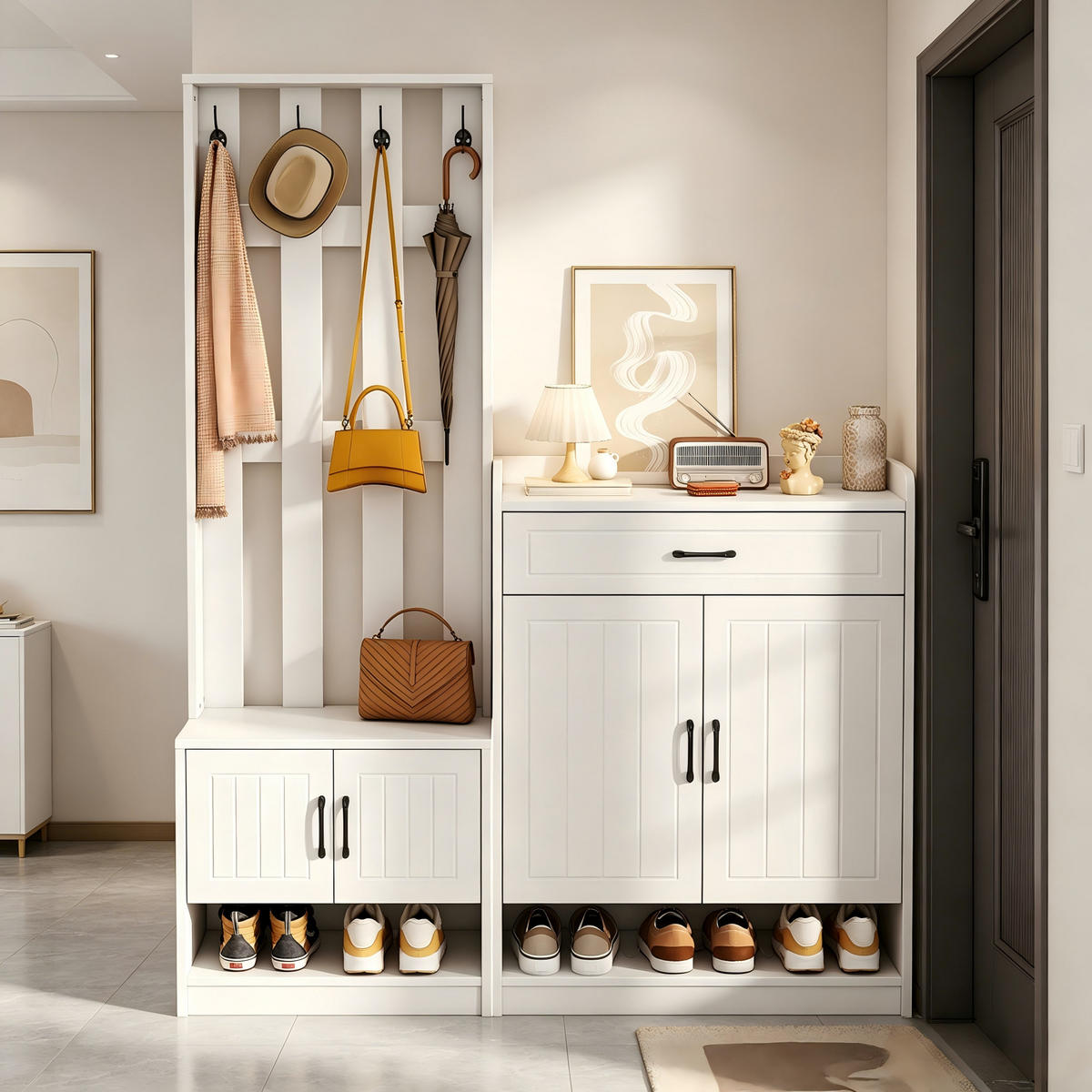 GARDEROBE Set Weiß Schuhschrank Paneel Flurmöbel Matt 180cm - Weiß, Holzwerkstoff (140.6/180/30.5cm) - FLIEKS