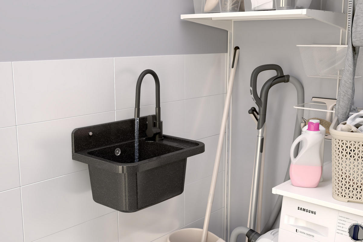 SPÜLBECKEN Paron mit Batterie Siphon - Schwarz, Kunststoff (50/34/31cm) - Granitan