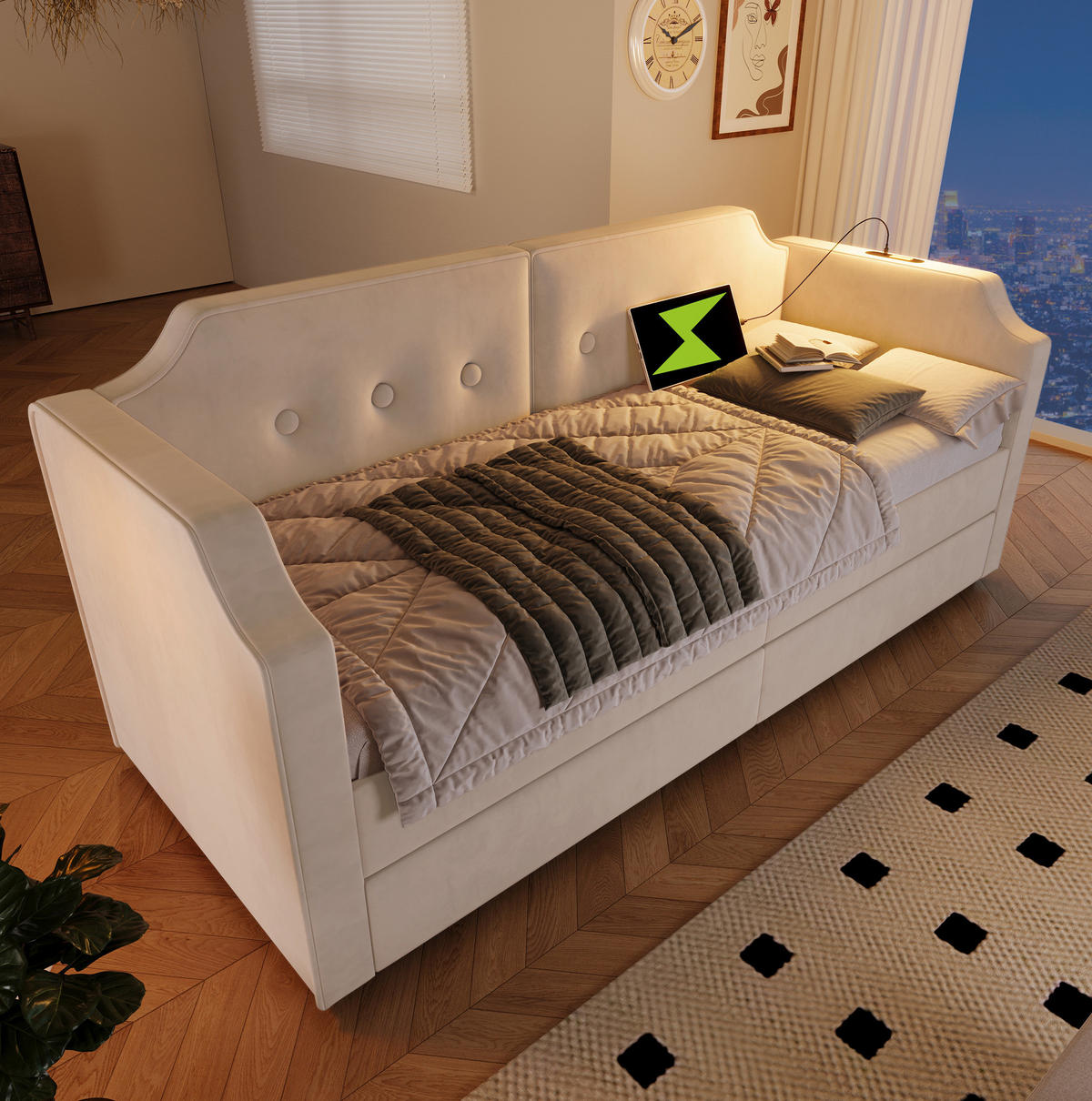 POLSTERBETT aus Samt 90x200 cm Beige mit USB-Type-C, Leselampe und 2 Schubladen - Beige, Textil (90/200cm) - Modfu