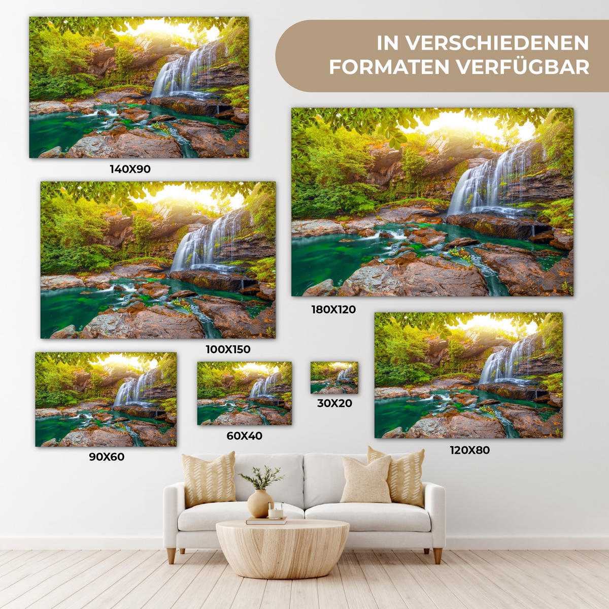 LEINWANDBILD Natur - Wasserfall - Pflanzen - Bäume - Sonne 30x20 cm - Olivgrün, Textil (30/20cm) - MuchoWow