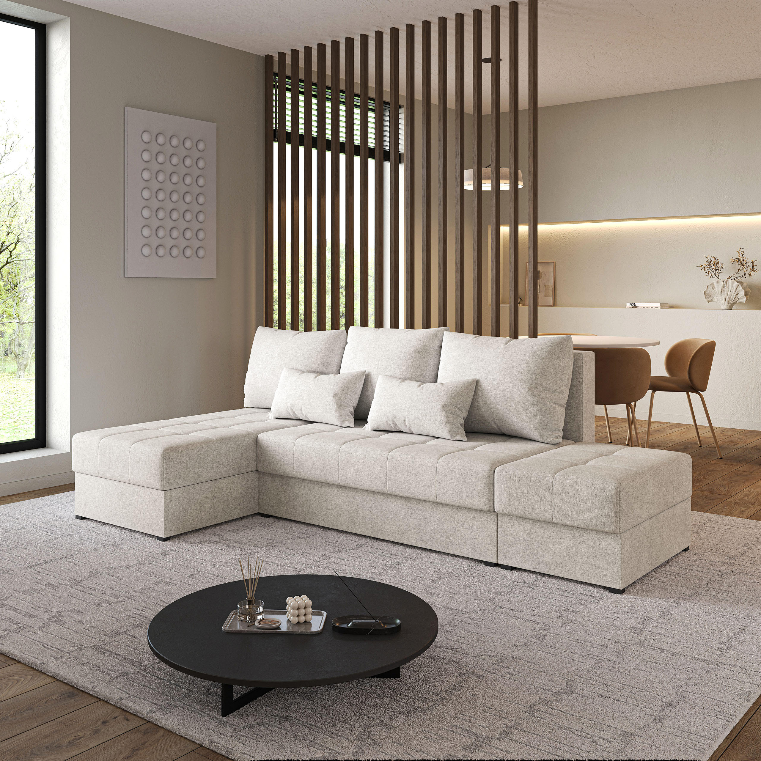 ECKSOFA NORVI Creme Geflochtener Stoff mit Schlaffunktion - Creme, Holz (251/143cm) - MASSENO