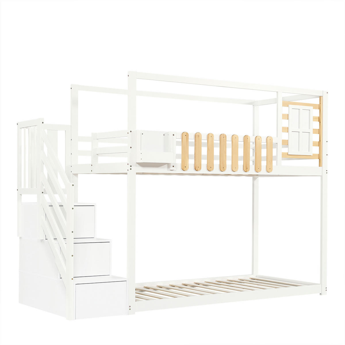 ETAGENBETT 90/200 cm aus Kiefernholz und MDF mit Treppe, Fenster, Regalfächern und Fallschutz, Weiß/Natur - Weiß, Holz (90/200cm) - Redom