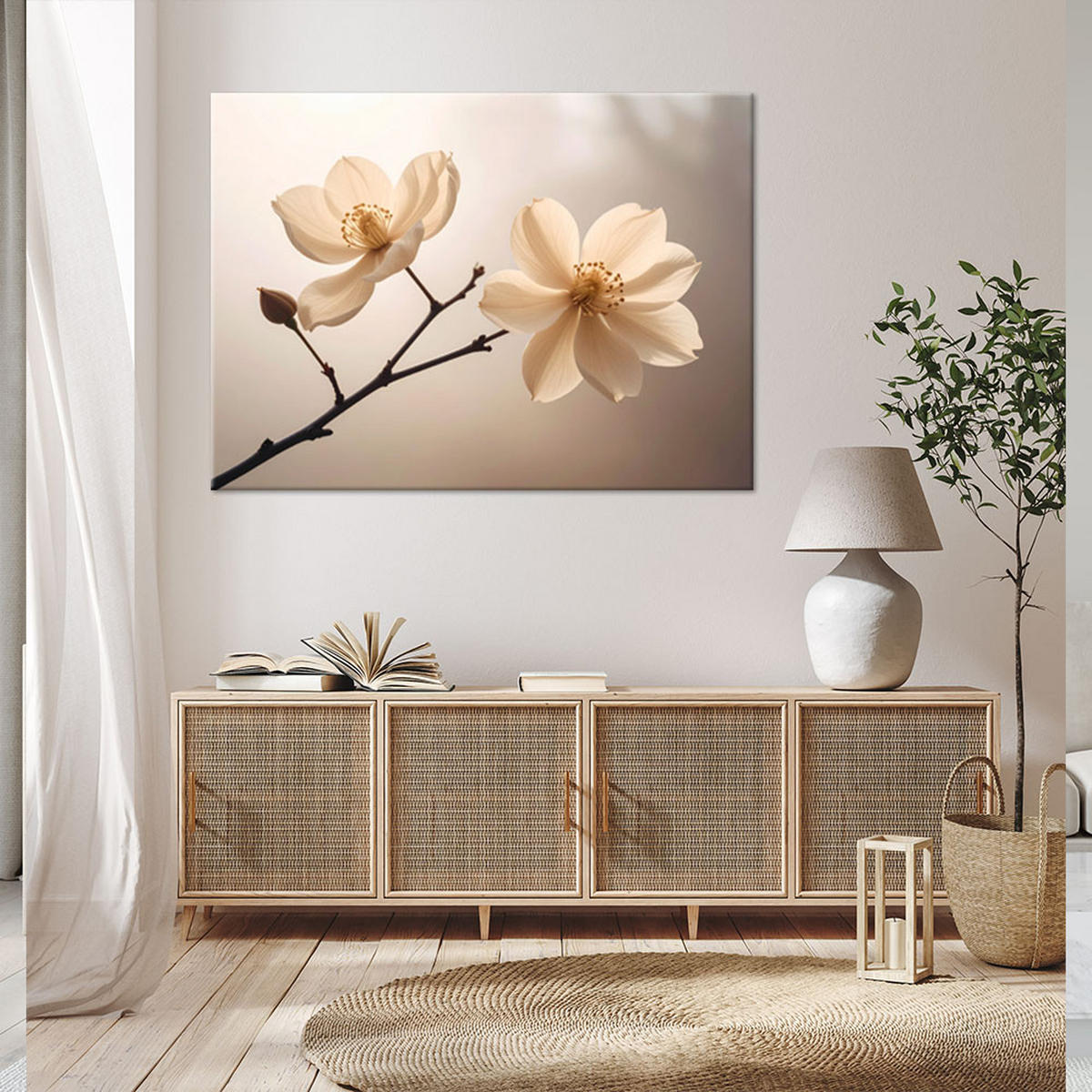 BILD auf Leinwand, Magnolien auf einem Zweig in warmen Beigetönen - Beige, Textil (30/20cm) - Feeby