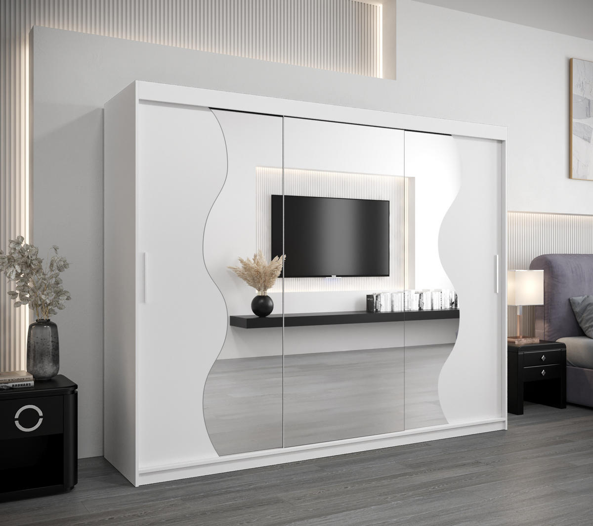 SCHWEBETÜRENSCHRANK 200/250/62 3-türig - Silberfarben/Weiß, Holz/Kunststoff (250/200/62cm) - Abiks Möbel