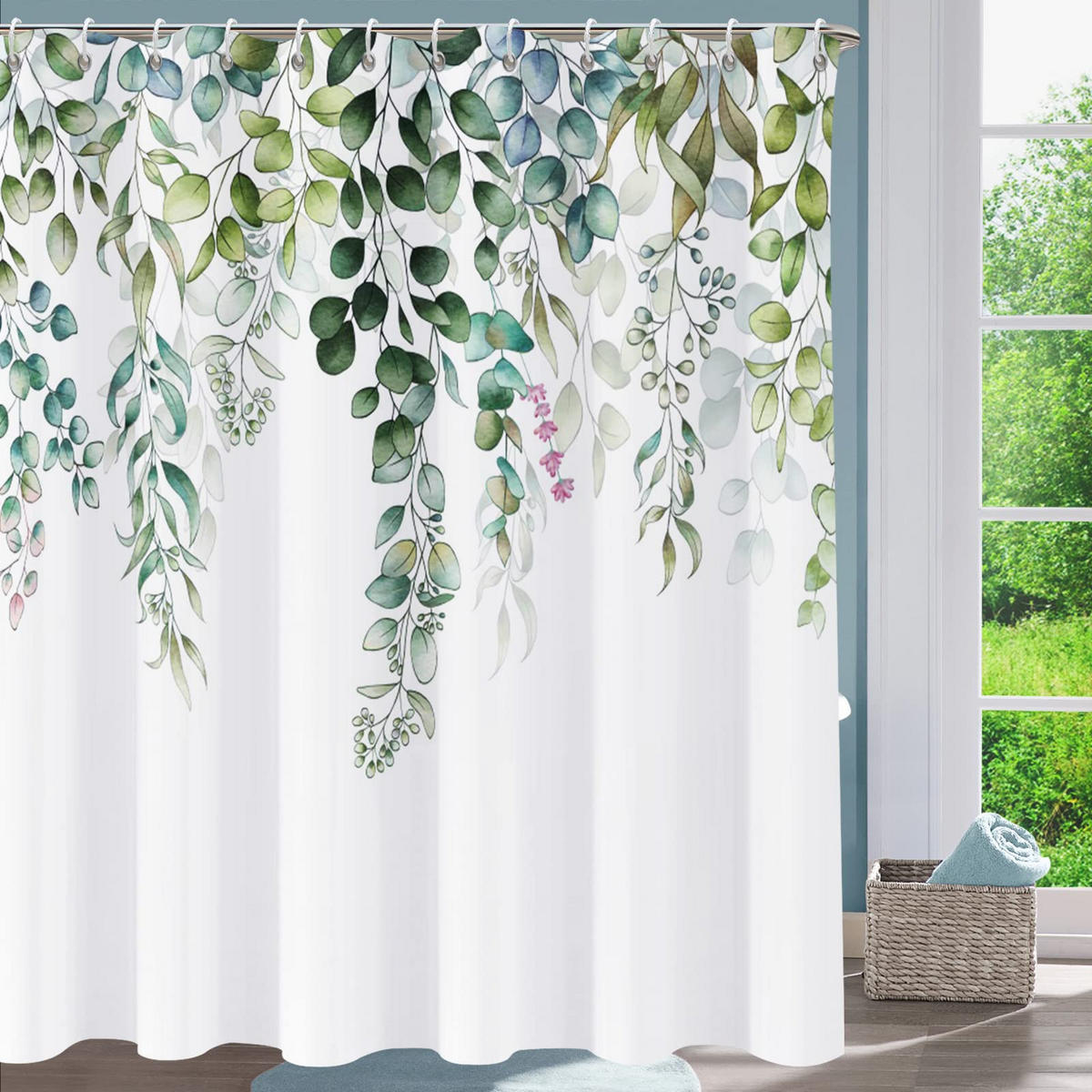 DUSCHVORHANG Aquarell-Pflanzenmuste Salbeigrün 180/180 cm - Salbeigrün, Textil (180/180cm) - Kaket