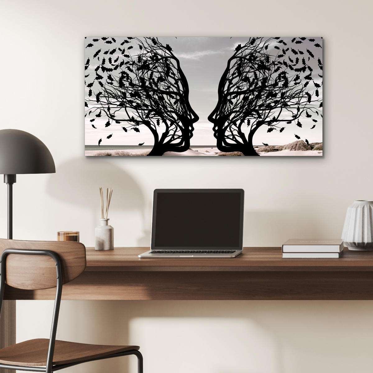 KOVOVÝ OBRAZ Pláž - more - ľudia - strom - moderné umenie 80x40 cm - svetlosivá, kov (80/40cm) - MuchoWow