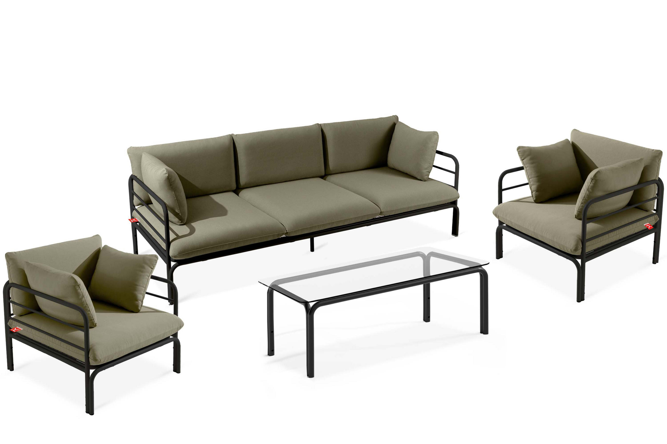 GARTENMÖBELSET RAMBE 4-tlg. 1x Tisch 2x Sessel 1x Sofa 3-Sitzer, mit Auflage, Stahlrahmen, LOFT-STIL, Anthrazit/Beige - Dunkelgrau/Beige, Textil/Metall - KONSIMO®