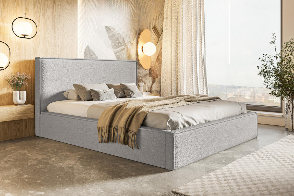 DOPPELBETT 140x200 mit Bettkasten Kyoto, Boucle, Hellgrau - Hellgrau, Holz/Textil (140/200cm) - Emporius