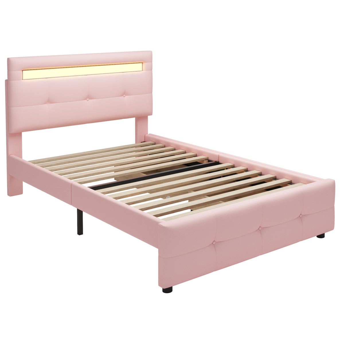 POLSTERBETT 90/200 cm mit LED-Beleuchtung, 2 Schubladen und höhenverstellbarem Kopfteil, Rosa - Rosa, Textil (90/200cm) - Redom