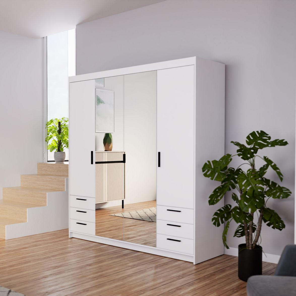 DREHTÜRENSCHRANK ELENORA 176,3/190,5/53cm 4-türig mit Spiegel Weiß - Weiß, Holzwerkstoff (176.3/190.5/53cm) - MASSENO