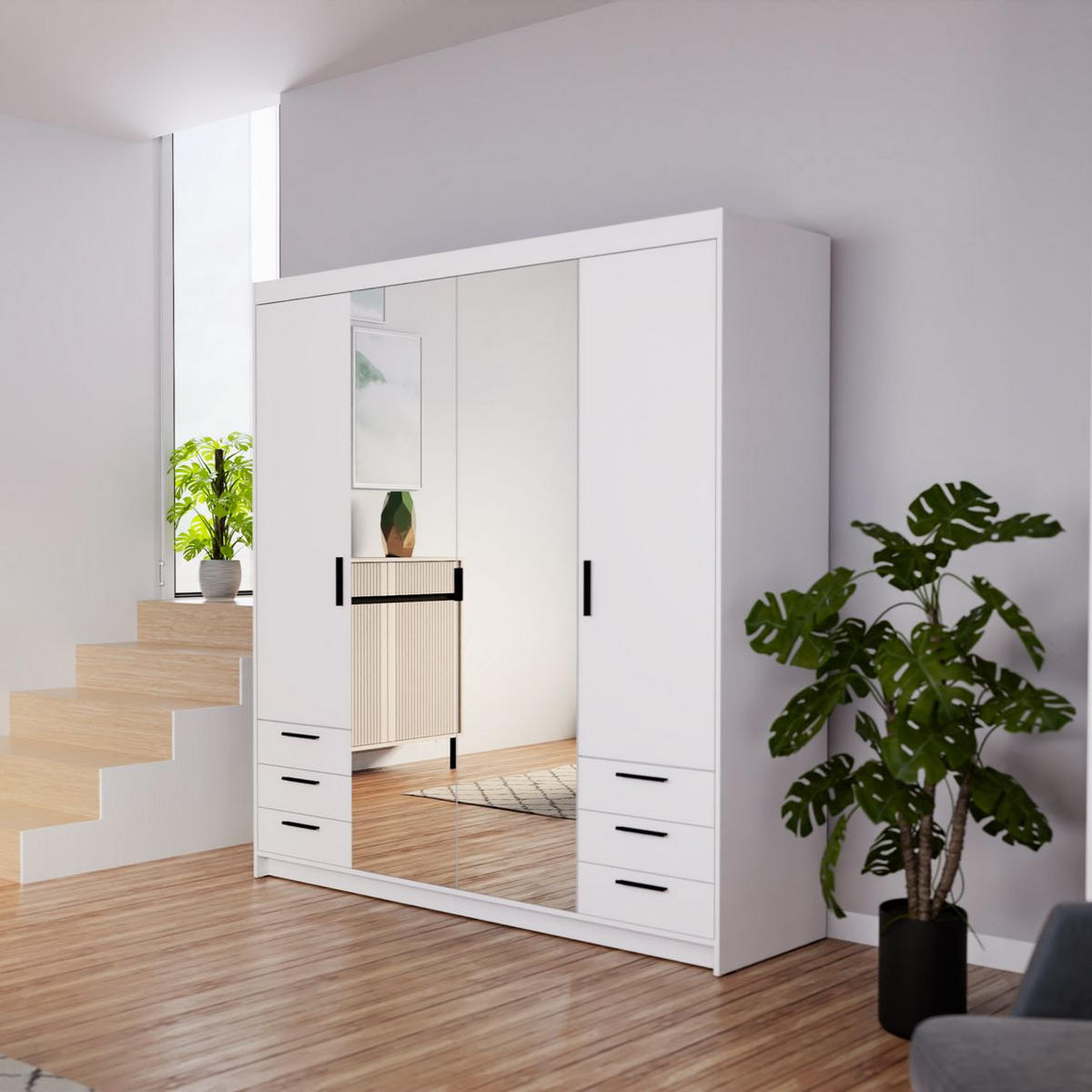 DREHTÜRENSCHRANK ELENORA 176,3/190,5/53cm 4-türig mit Spiegel Weiß - Weiß, Holzwerkstoff (176.3/190.5/53cm) - MASSENO