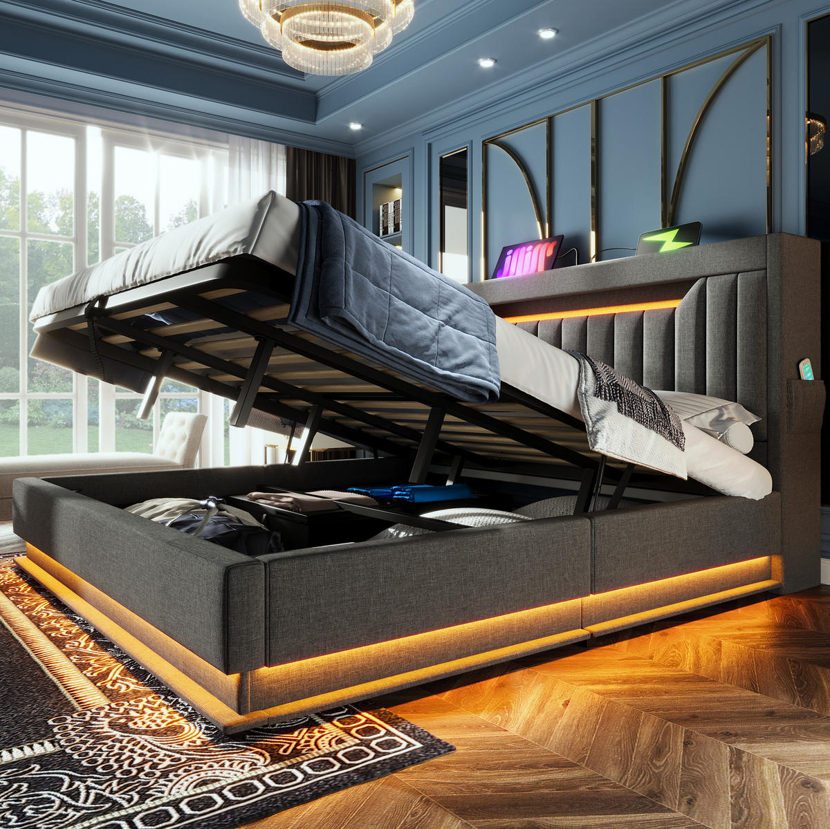 BETT mit Stauraum und LED 140x200 cm Leinen Grau - Grau, Metall (140/200cm) - Meubliv