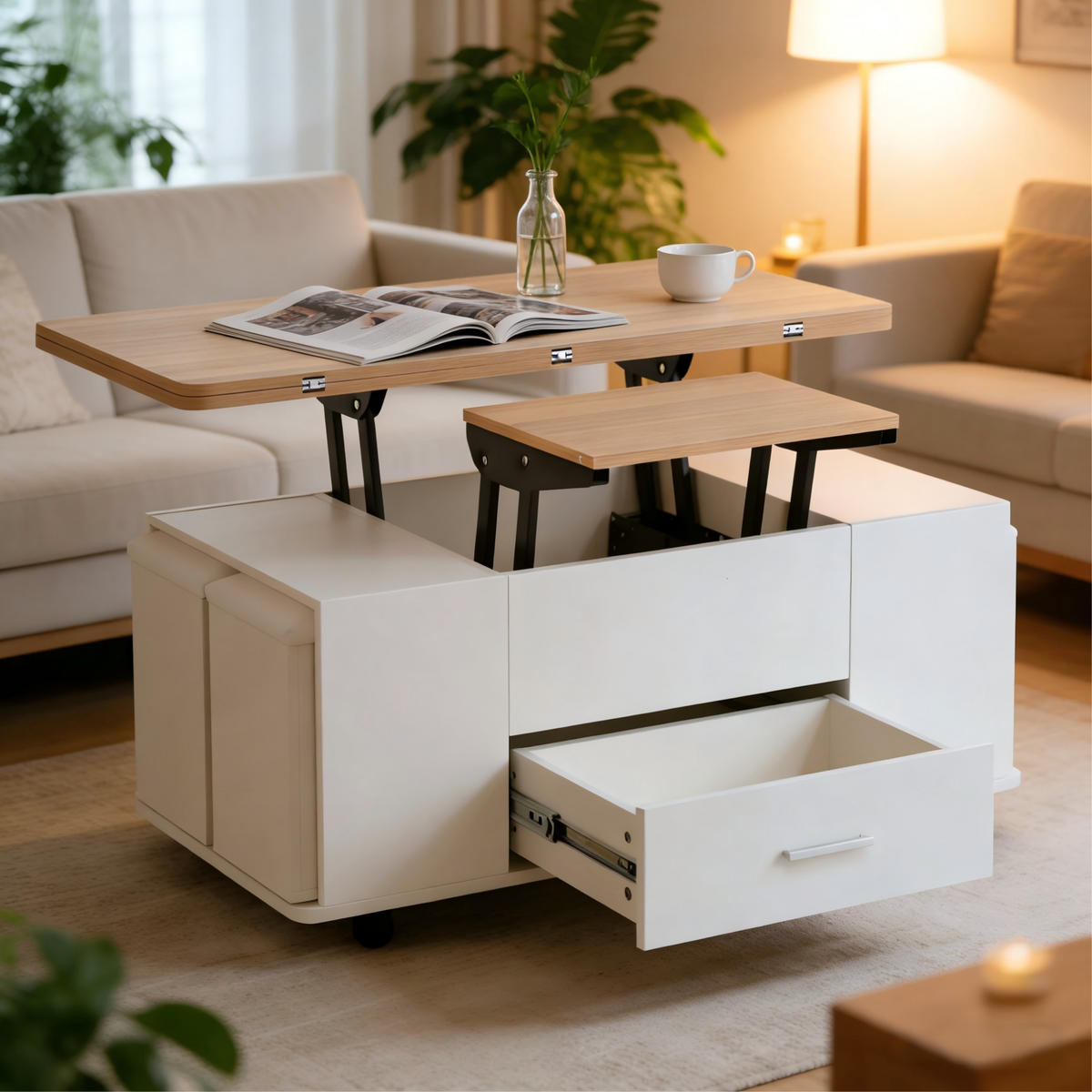 COUCHTISCH 100/50 cm höhenverstellbar mit Stauraum und 4 Hockern - Weiß, Holzwerkstoff (100/50/45cm) - Flora Grace